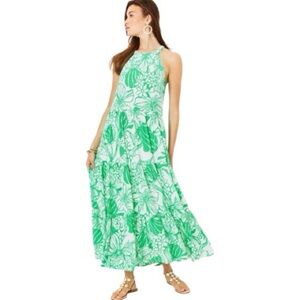 Lilly Pulitzer Beccalyn Halter Maxi Dress Ocean Breeze  Floral Tiered Size L